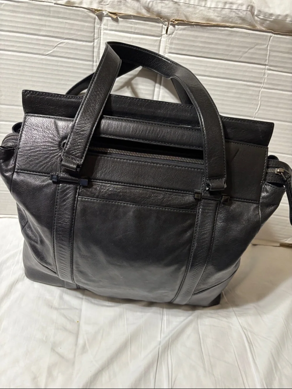 HUGO Black Leather Tote Briefcase. Unisex, full grain leather. EUC